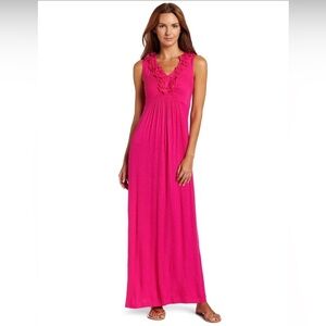 Tiana B. Sleeveless Maxi Dress with Ruffle V-Neck in Hot Pink